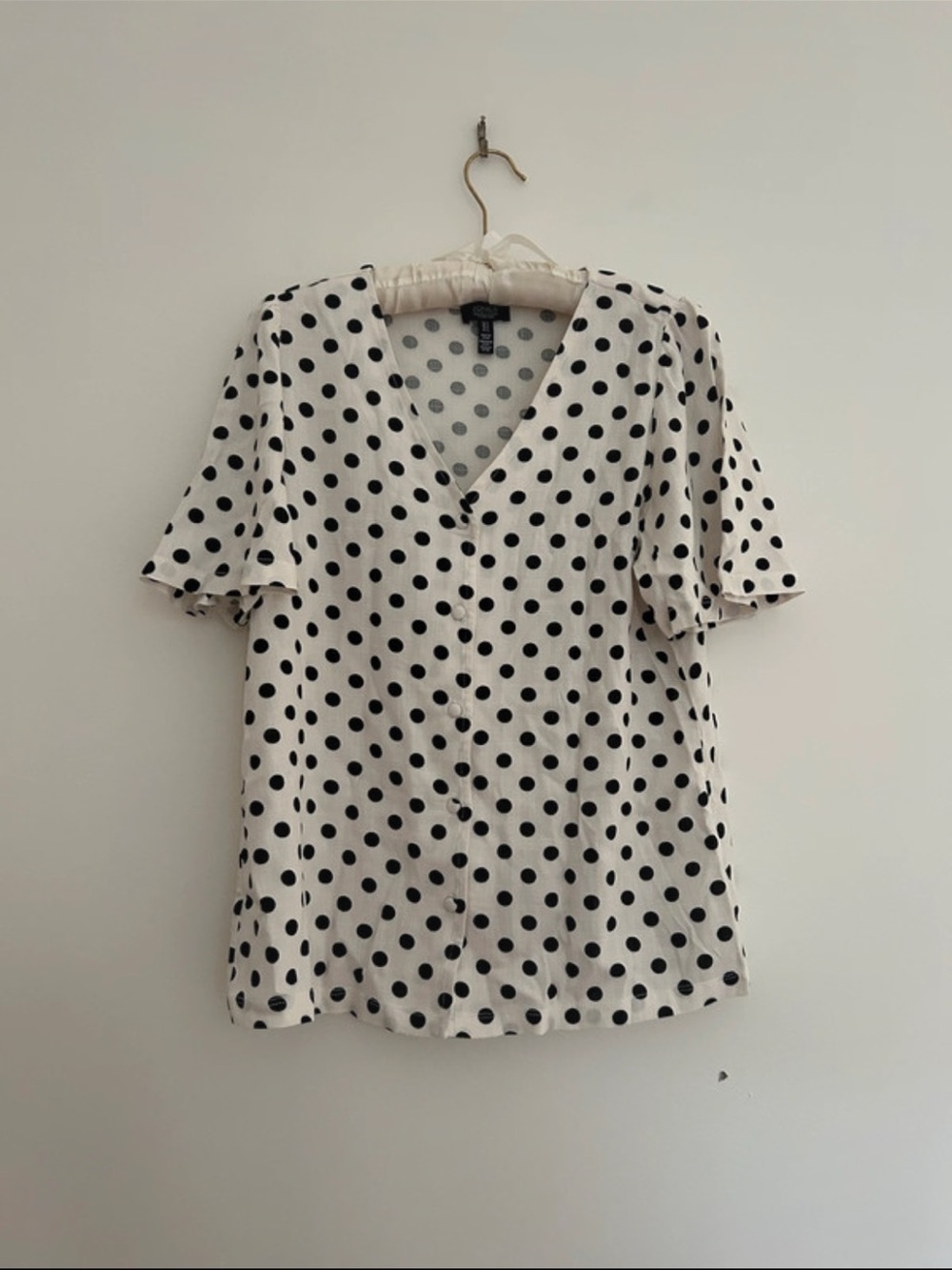 Rachel Zoe White Polka Dot V-Neck Button Front Blouse